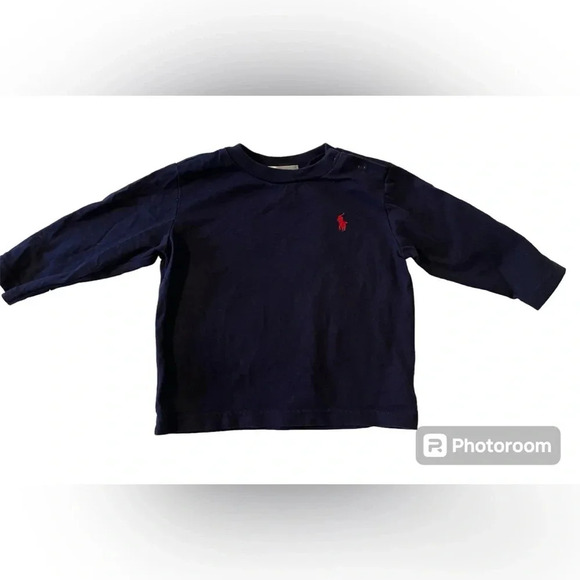 Ralph Lauren Baby Long Sleeve Navy Snap Shoulder 12 Month Shirt Red Polo Emblem - Picture 1 of 7